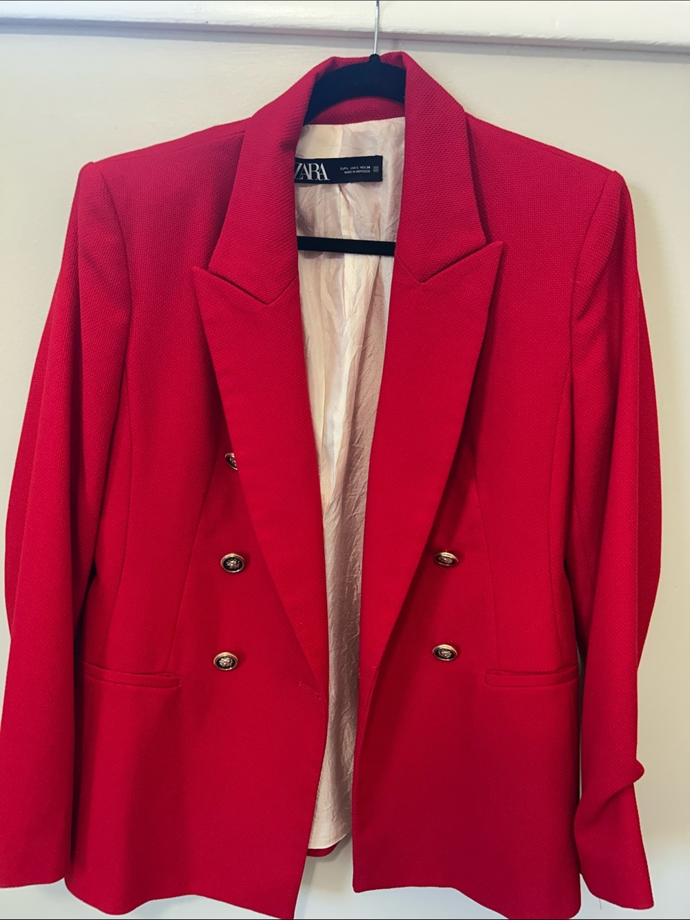 Zara Bright Red Double-Breasted Blazer with Gold Buttons
